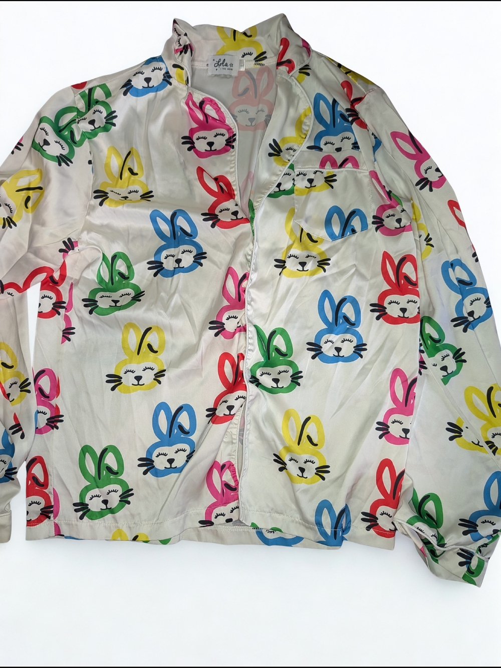 Lola + The Boys White Bunny Print Pajama Top with Blue Pink Yellow Green Red